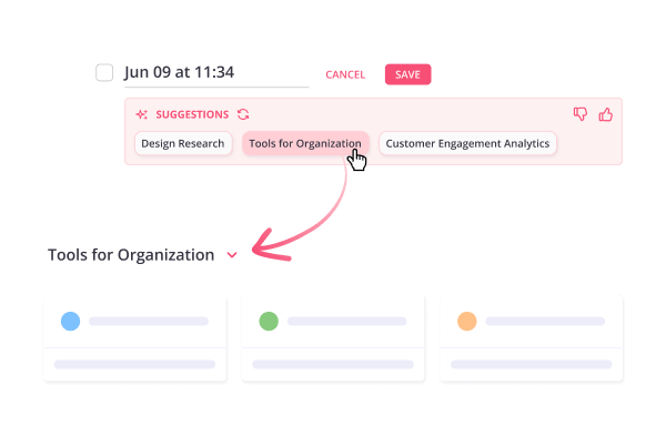 AI suggesting collection names like Design Research, Tools for Organization, and Customer Engagement Analytics