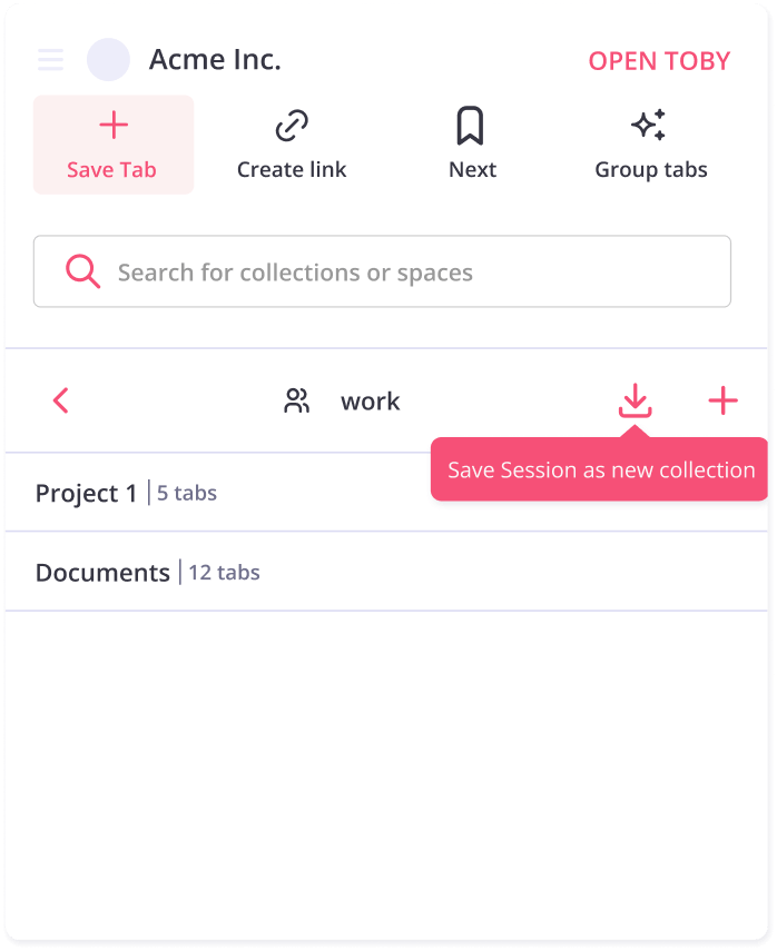 Toby mini popup showing save session as new collection option