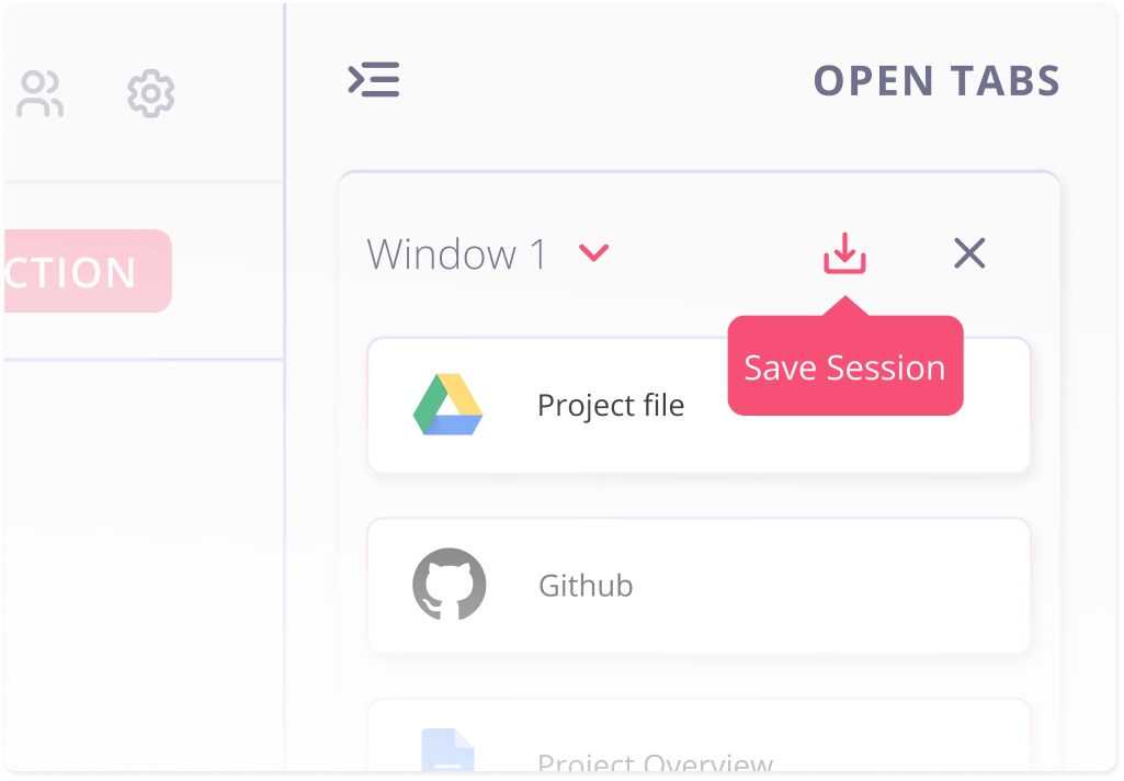 Toby interface showing open tabs panel with save session button