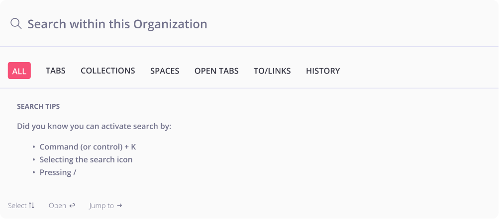 Search modal showing recently opened tabs