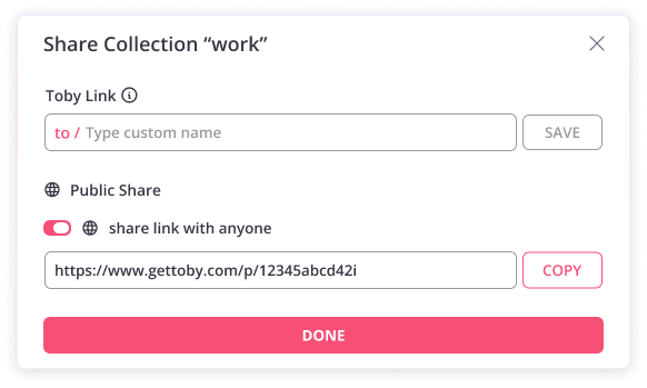 Share collection modal showing Toby link and public share options