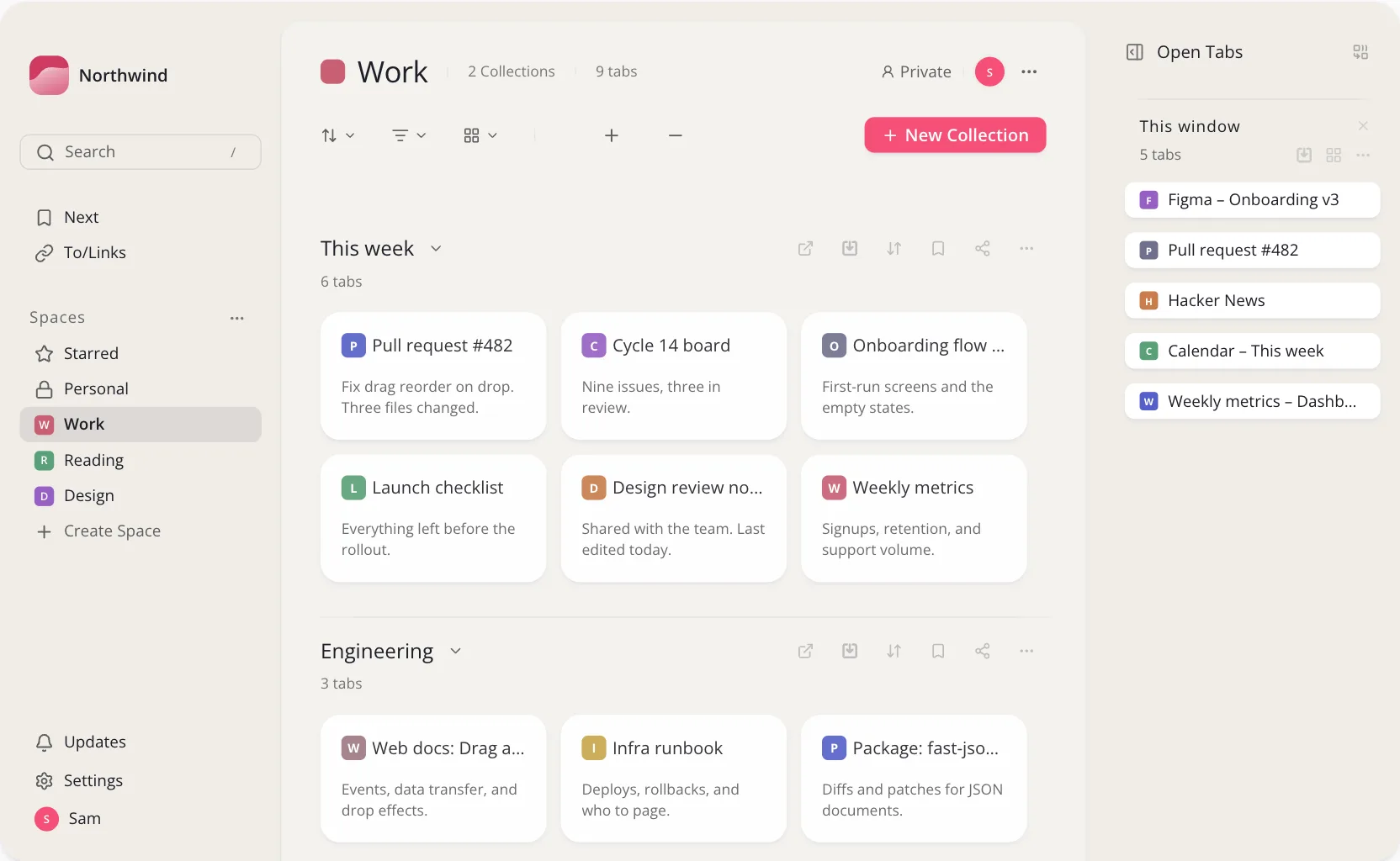 The Toby 2.0 dashboard. On the left, the sidebar with the Northwind workspace, search, Next and To/Links, and the list of spaces with Work selected. In the middle, the Work space with two collections of saved tabs. On the right, the Open Tabs panel listing the five tabs in the current window.