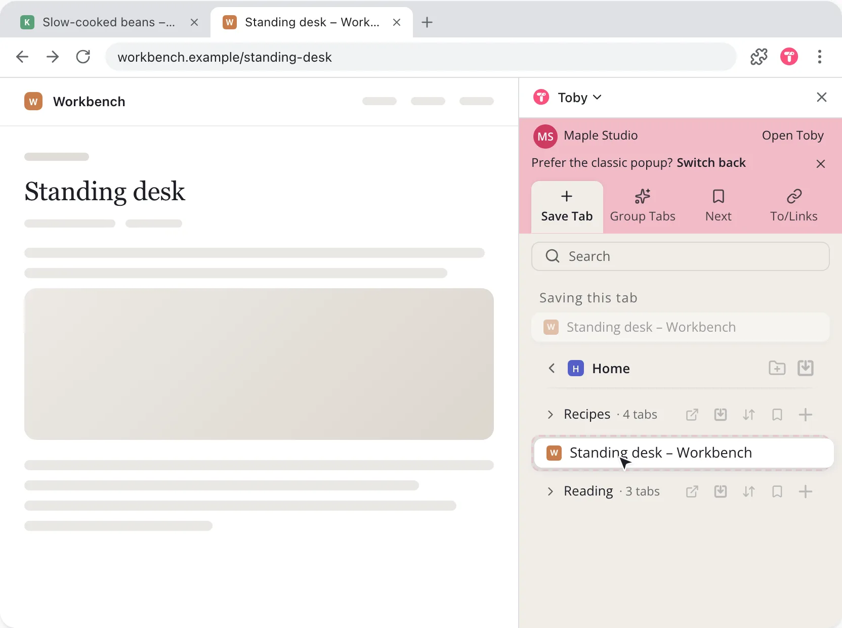 Toby open in the browser's side panel beside a web page. The page's tab is being dragged from the panel into a collection while the page stays where it is.